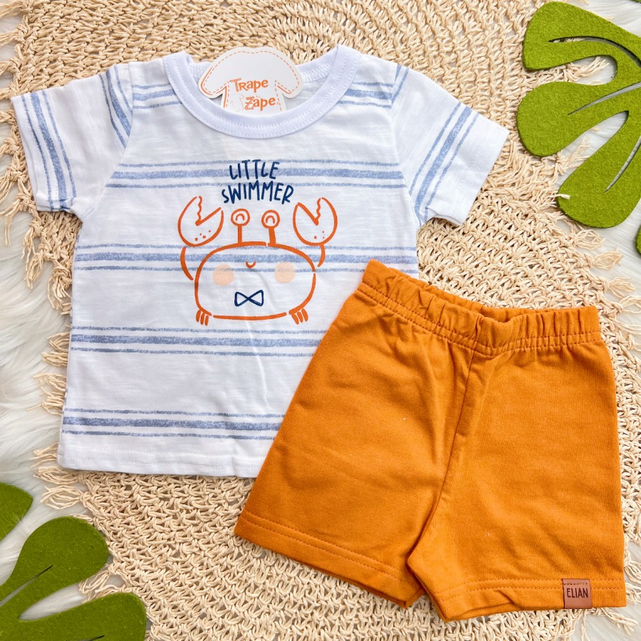 Conj. Camiseta Little Swimmer Listrado e Bermuda - Branco e Laranja